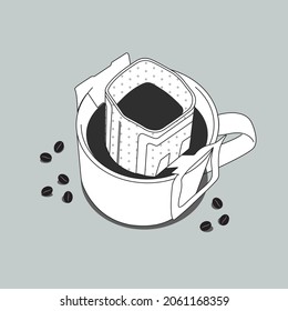 Bolsa de goteo taza de café Ilustración. proceso de producción de café por goteo vectorial
