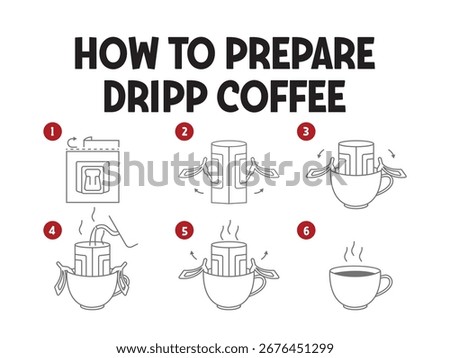 Drip bag coffee Vector. Infographic showing step by step prepare drip bag coffee. Simple outline illustrations with numbers, demonstrating the process from opening the bag to brewing coffee in a cup. 