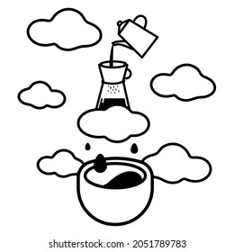 Drip black coffee brewing in cup and ground coffee beans contained in a filter isolated on white background.  Using design for cafe advertising and restaurant. Black and white. Vector illustration.