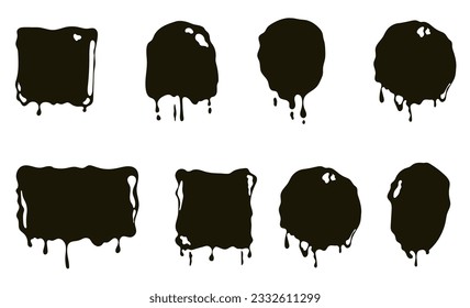 Drip black paint melt ink oil liquid isolated set. Vector graphic design illustration