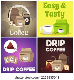 Drip brewed coffee square posters set, flat vector illustration. Brewed drink advertising banners. Equipment for delicious coffee making - kettle, grounded coffee, filters and cups.