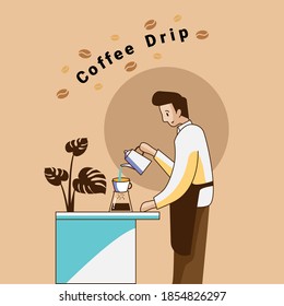 Drip brewing. Barista man pouring hot water prepare filtered coffee from teapot at the counter with hand drip coffee set in a coffee shop. Vector illustration.