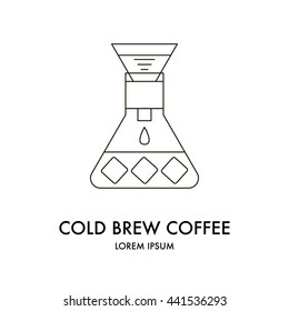 Drip brewing, filtered, pour-over, cold brew coffee collected in the flask with ice cubes, iced coffee maker, vector line icon isolated on white background, logo.