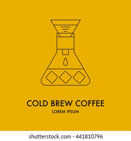 Drip Brewing, Filtered, Pour-over, Cold Brew Coffee Collected In The Flask With Ice Cubes, Iced Coffee Maker, Vector Line Icon Isolated On Orange Background, Logo.