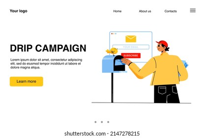 Drip campaign banner. Concept of email marketing, promotion business by electronic mail. Vector landing page of digital advertising and subscription with flat illustration of man send letters