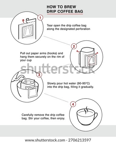Drip coffee bag brewing instruction set icons. Vector elements. Set for package, shows user instruction. EPS10.