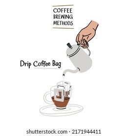 Bolsa de café de goteo Métodos de elaboración de café Ilustración de color dibujada a mano