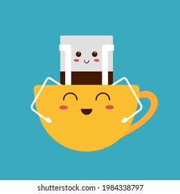 Drip coffee bag and cute cup. Trendy drink with a face, characters in kawaii style. Yellow mug happy, break concept. Vector illustration, color element on blue background.