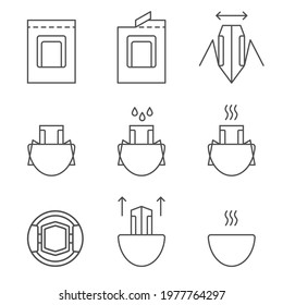 Drip coffee bag for easy brewing in a cup. Set of vector icons, black isolated illustration on white background. Instructions for making fresh coffee drink