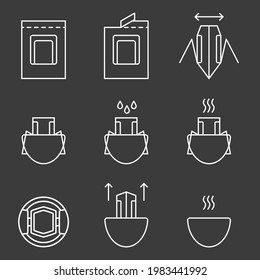 Lave una bolsa de café para prepararse fácilmente en una taza. Conjunto de iconos vectoriales, ilustración aislada blanca sobre fondo negro. Instrucciones para la elaboración de un método de goteo para el café fresco