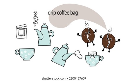 Drip coffee bag for easy brewing in a cup. Set of vector hand drawn icons, doodle isolated illustration on white background. Instructions for making fresh coffee drink