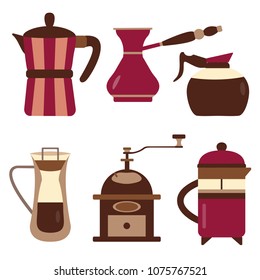 Drip coffee brewing methods icons. Coffee makers and devices, such as mill, retro grinder, turkish pot, cezve, coffeemaker for home, cafe or restaurant. Different ways to make hot energy drinks.