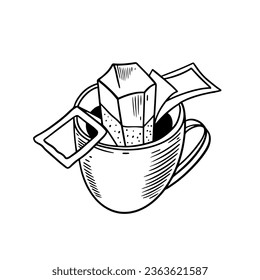 Drip coffee in cup. Black and white color sketch art vector illustration. Isolated on white background.