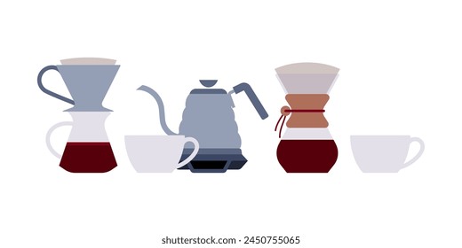 Drip coffee. Equipment and dishware for alternative brewing. Pour-over coffee maker, glass server, ceramic cups, dripper, drip kettle, scales. Isolated Group of objects. Stylized flat vector