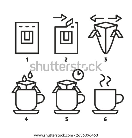 drip coffee icon, making coffee, instruction steps, set icons, preparing a hot drink, linear vector illustration