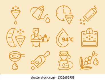 drip coffee line icon with filter paper,jug,beans,grinder, vector illustration