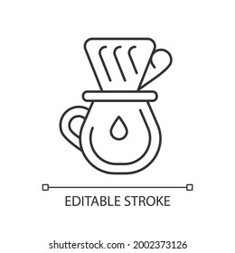 Drip coffee linear icon. Filter for brewing espresso. Utensils for coffee. Barista accessories. Thin line customizable illustration. Contour symbol. Vector isolated outline drawing. Editable stroke