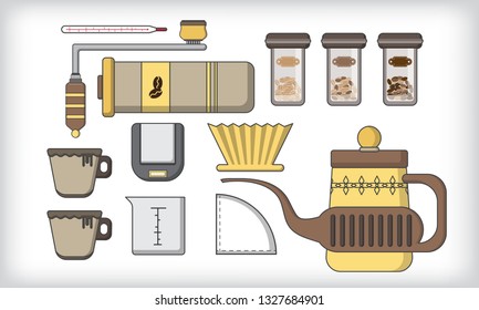 drip coffee maker filled line set. icon set flat design concept. Enjoy fresh coffee no matter where you are with the Portable Drip Coffee Maker. manual coffee grinder and scales. Vector ,illustration.