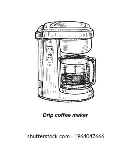 Drip Coffee Maker, gravure style ink drawing illustration with handwritten inscription