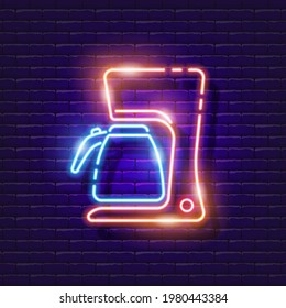 Drip coffee maker neon sign. Vector illustration for design. Drinks concept. Glowing icon of the home appliance making coffee.