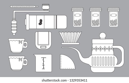 drip coffee maker outline stroke. icon set flat design cartoon concept. manual coffee grinder and scales. thin, line, Vector ,illustration.