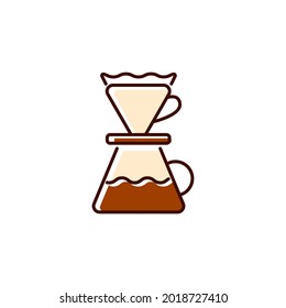 Drip coffee mug flat icon. Coffee filter with cup. Pour over coffee maker. Color filled symbol. Isolated vector stock illustration