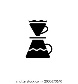 Icono de glifo de tazón de café goteo. Filtro de café con taza. Lanza sobre la cafetera. Símbolo negro de silueta. Ilustración aislada de las existencias vectoriales