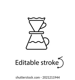 Drip coffee mug outline icon. Coffee filter with cup. Pour over coffee maker. Customizable linear contour symbol. Editable stroke. Isolated vector stock illustration