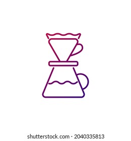 Drip coffee mug outline icon. Coffee filter with cup. Pour over coffee maker. Purple gradient symbol. Isolated vector stock illustration