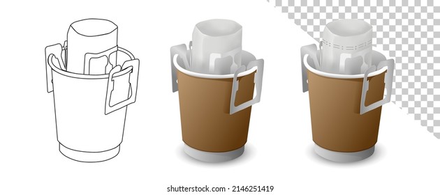 Drip coffee with portable drip bag vector on white background. Craft cup with coffee bag in cup.