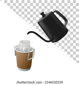 Drip Coffee With Portable Drip Bag Vector On White Background. Craft Cup With The Black Kettle.