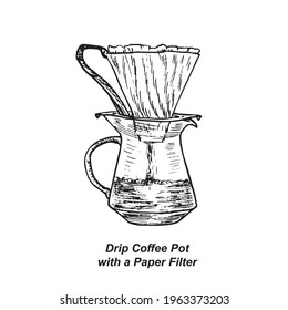Drip Coffee Pot with a Paper Filter, gravure style ink drawing illustration with handwritten inscription
