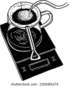 Drip coffee Pour over coffee on weight scale Hand drawn Line art Illustration