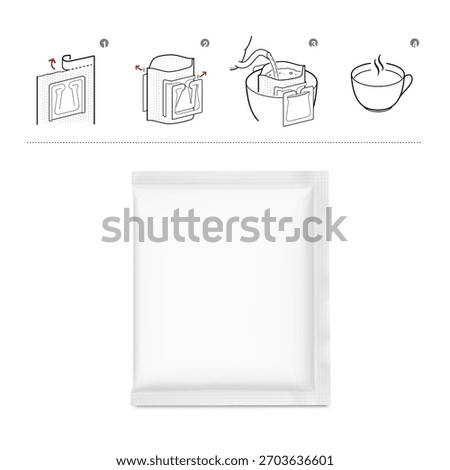 Drip coffee sachet bag mockup with instruction set icons. Vector illustration isolated on white background. Ready for your design. EPS10.