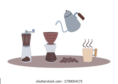 Drip coffee set. Equipment for drip coffee.  Vector illustration in flat style.