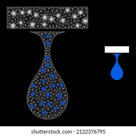 Drip drop icon and glowing mesh net drip drop model with magic light spots. Illuminated model created using drip drop vector icon and polygonal mesh. Glossy frame drip drop, on a black background.