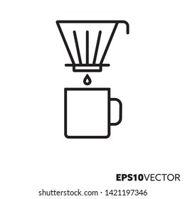 Drip filter coffee brewing line icon. Outline symbol of hot drink preparation and kitchenware. Coffee mug and drip filter holder flat vector illustration.