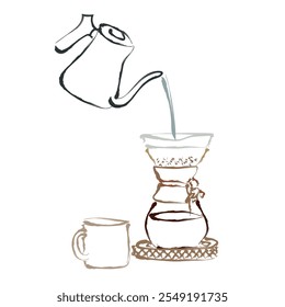 Drip filter coffee brewing. pouring hot water over filter with ground coffee in the funnel. making a drip coffee, pouring hot water from kettle over a ground coffee powder. line art style. sketch