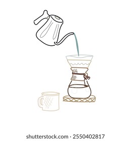 Drip filter coffee brewing. pouring hot water over filter with ground coffee in the funnel. making a drip coffee, pouring hot water from kettle over a ground coffee powder. line art style. sketch
