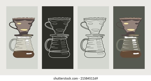 Drip filter. Pure over coffee brewing method. Vector illustration in flat and line style.