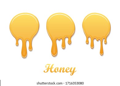 Drip honey syrup set isolated white background. 3D liquid. Gold drop design. Splash caramel product. Golden healthy sauce. Amber oil. Orange sweet food. Candy confectionery. Vector illustration