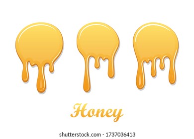 Drip honey syrup set isolated white background. 3D liquid. Gold drop liquid design. Splash caramel product. Golden healthy sauce. Amber oil. Orange sweet food. Candy confectionery. Vector illustration