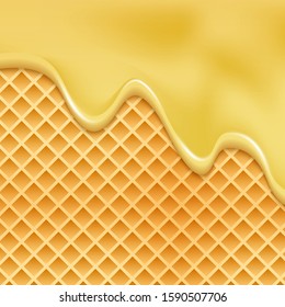 Drip honey waffle caramel background. Melt honey pattern syrup cream wafer.