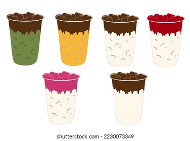 Drip ice coffee Cafe menu, on white background. Sweet drinks with various additives. Coffee breaks during the day Vector Menu Design