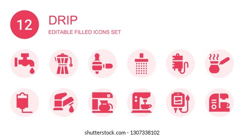 drip icon set. Collection of 12 filled drip icons included Faucet, Coffee maker, Shower, Blood transfusion, Iv, Coffee machine, Cezve