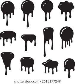 Drip Icons Set – Black Liquid Dripping Silhouettes on White Background, drip icons, liquid drip, dripping shapes,