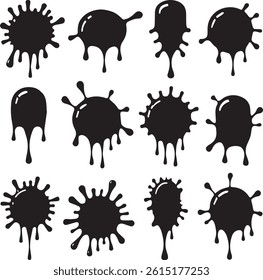 Drip Icons Set – Black Liquid Dripping Silhouettes on White Background, drip icons, liquid drip, dripping shapes,