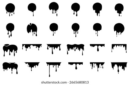 Drip icons set with melting shapes, drop forms, and flowing silhouettes used for graphic elements, labels, design layouts, borders, and decoration.