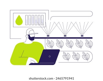 Drip irrigation abstract concept vector illustration. Farmer with laptop controls irrigation level, agroecology industry, sustainable agriculture, precision agriculture abstract metaphor.