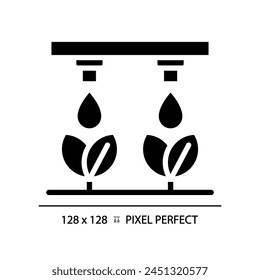 Drip irrigation black glyph icon. Water management. Precision agriculture. Water conservation. Silhouette symbol on white space. Solid pictogram. Vector isolated illustration. Pixel perfect